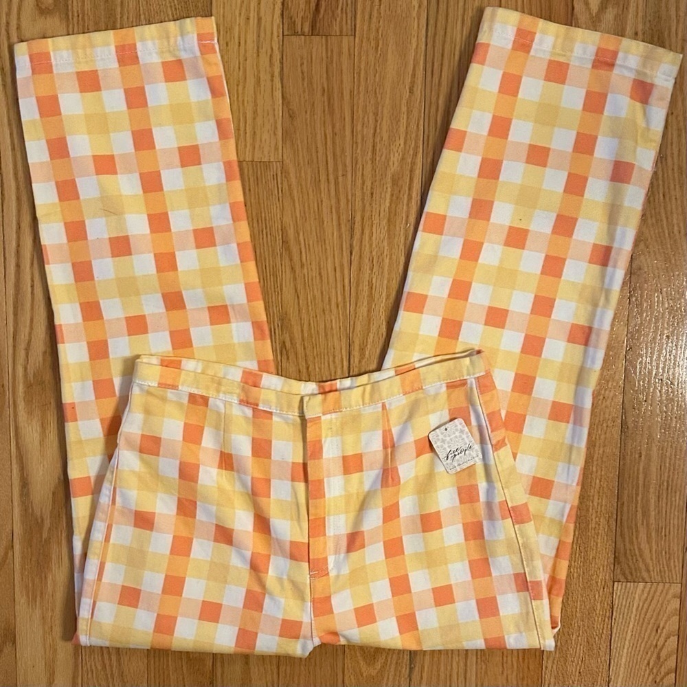 Free People She's All That Plaid Crop High Waist Pants Orange Yellow Sz 12 New - Picture 3 of 10